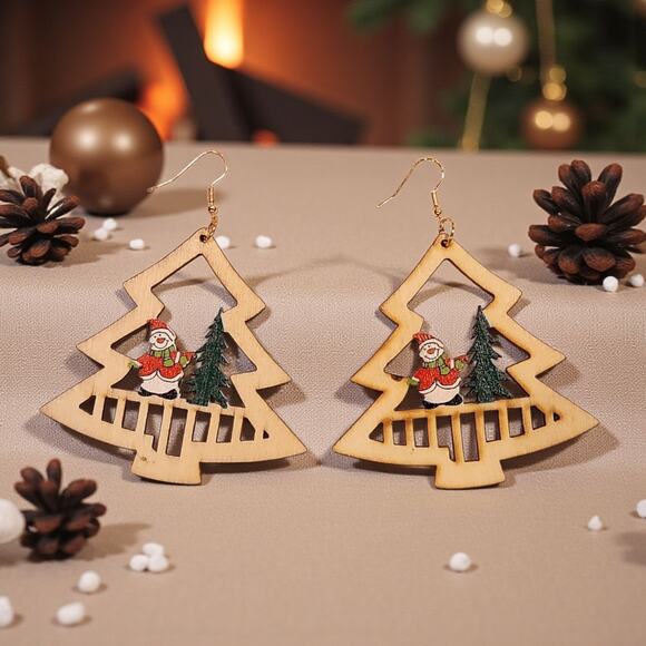 Christmas Tree Wood Earrings New Snowman 3"x3.5" - Picture 4 of 5